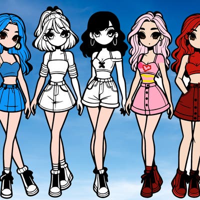 5 girls in crop tops and skirts