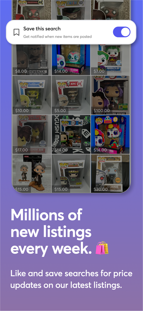 Mercari app interface showing Funko Pop collectible listings and a toggle to save a search for notifications.