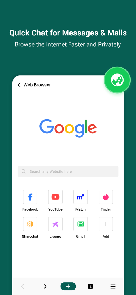 Pantalla del navegador web privado dentro de la aplicación que muestra una barra de búsqueda de Google y accesos directos a plataformas populares de redes sociales y correo electrónico.