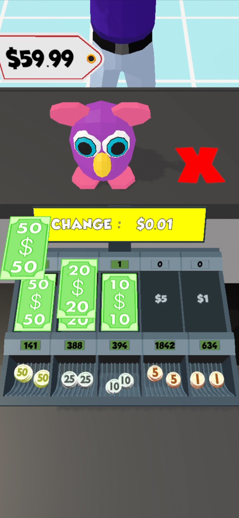 Gameplay screen from Cashier 3D showing a cash register with dollar bills and coins to calculate change