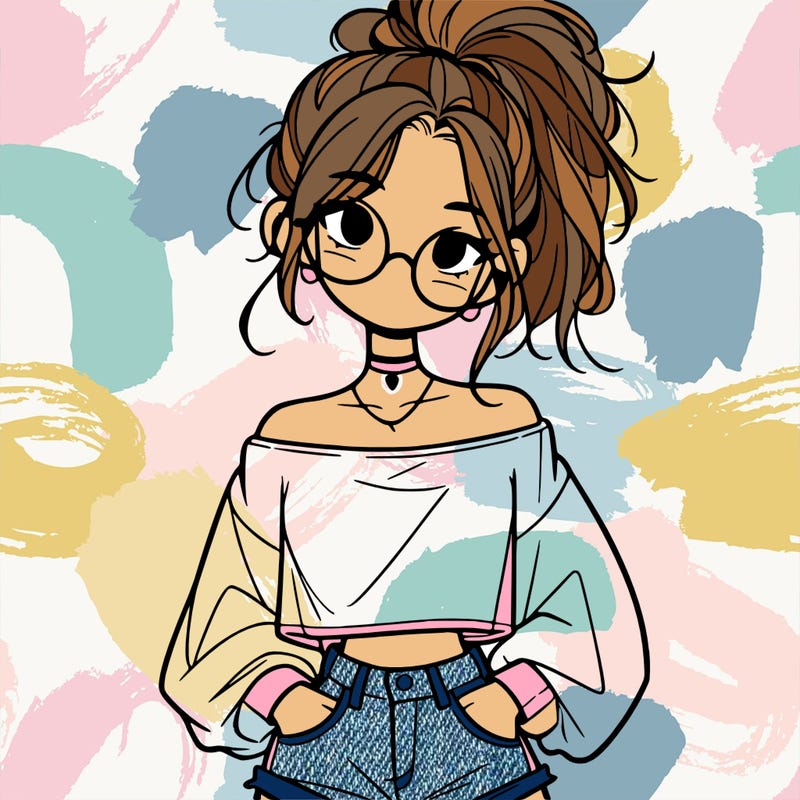 girl with a messy ponytail glasses a baggy crop top and jean shorts