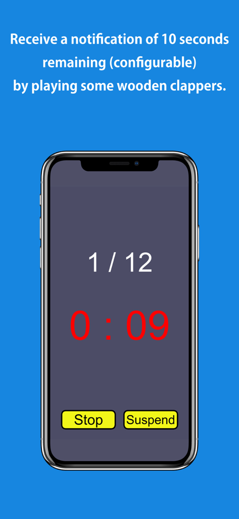 R-Timer - R-Timer app display showing a boxing round countdown and 10 second wooden clapper warning