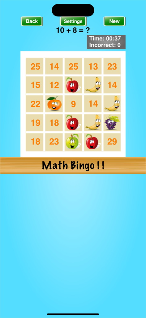Math Bingo ! ! - Math Bingo game interface showing an addition problem and a grid with numbers and cartoon fruit characters