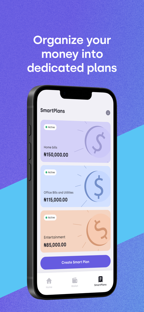 Lint - Smartphone screen displaying the Lint app's SmartPlans for organizing personal and business budgets
