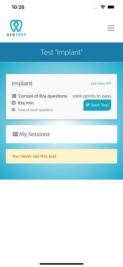 DenTest Dentistry Exam - Interface of the dental implant test module in the DenTest dentistry exam app showing question count and timer