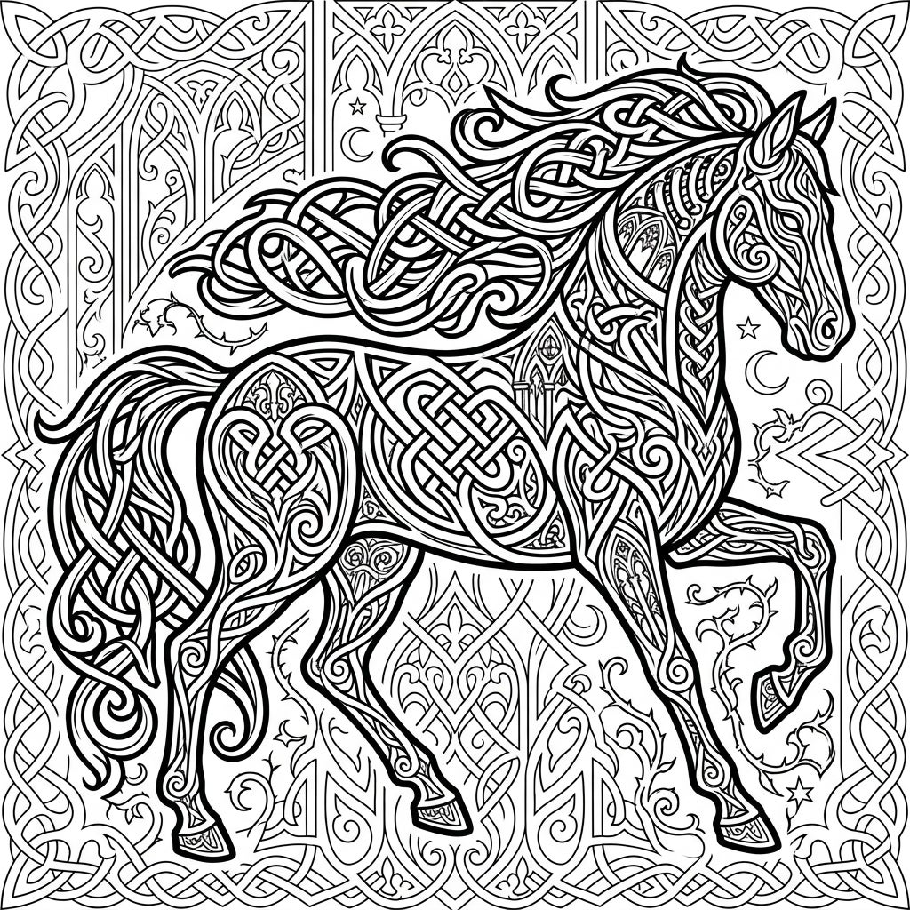 Cavallo Celtico Gotico da Colorare | Nodi Intrecciati & Mistero — Color Pop
