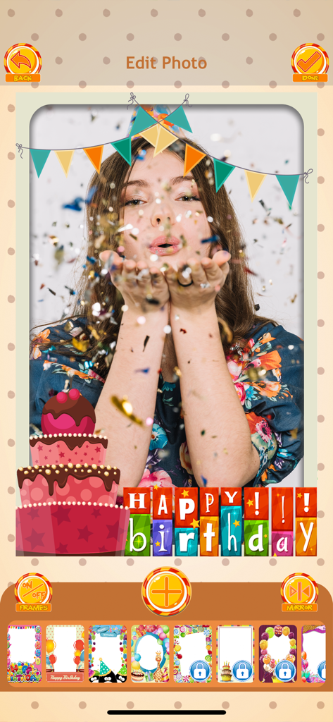 Happy Birthday Photo Editor - Happy Birthday Photo Editor app interface showing a woman blowing confetti with a birthday cake and banner sticker overlay