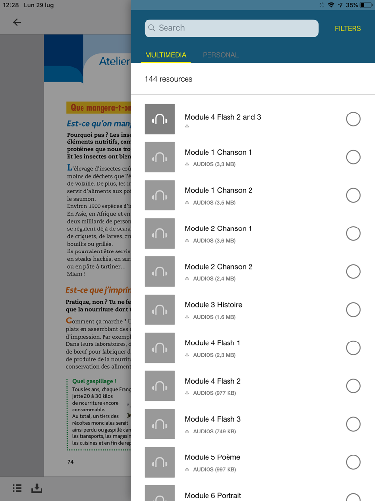 Hachette Antoine EDU - A screenshot of the Hachette Antoine EDU app displaying a list of audio resources like songs and stories next to a digital textbook page.