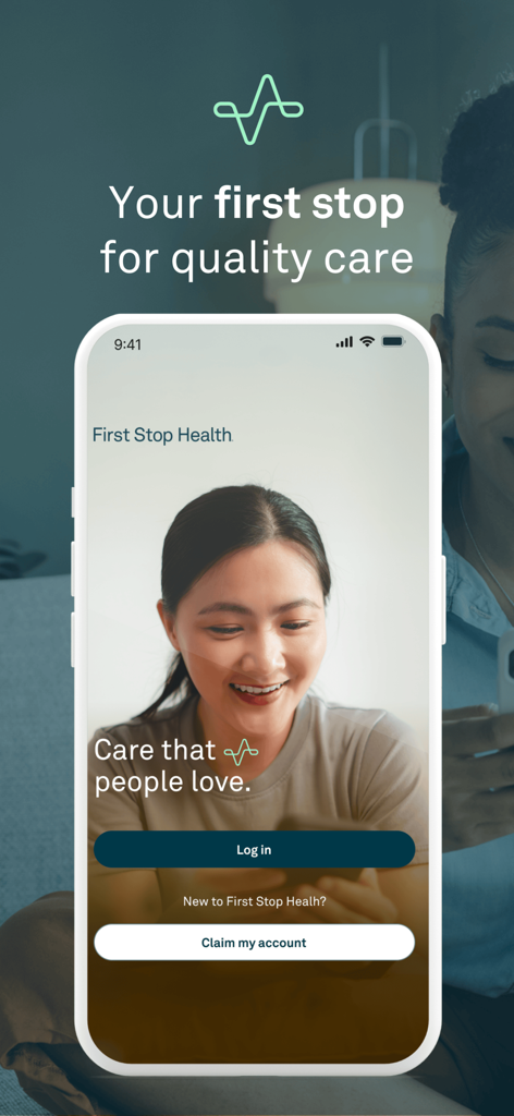First Stop Health app login screen featuring a smiling woman using her phone and buttons to log in or claim an account.
