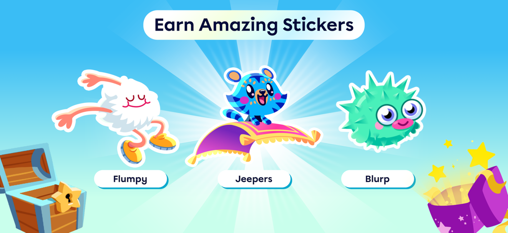 Moshi Play: Games for Kids - Moshi Playのキャラクター、Flumpy JeepersとBlurpが収集可能な報酬ステッカーとして登場