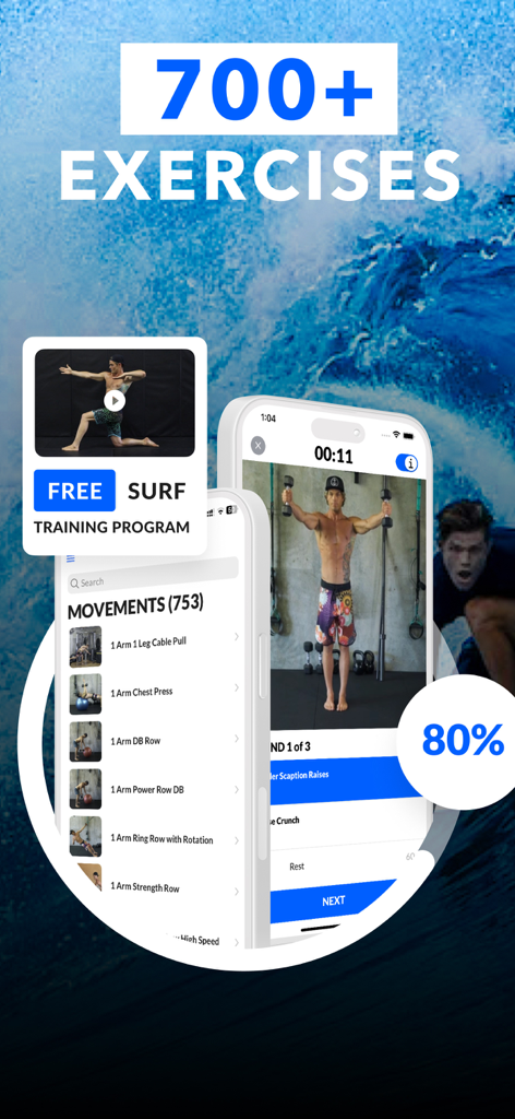 Surf Athlete: Surf Training - Interface of the Surf Athlete app showing a list of over 700 surf-specific exercises and training videos.
