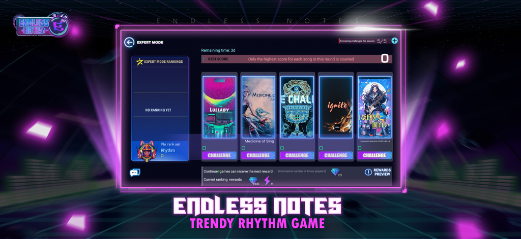 Endless Notes - Rhythm Master - Expert mode menu in Endless Notes rhythm game showing song albums and global rankings