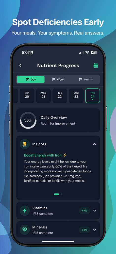 NutriCam app screen displaying nutrient progress and AI insights for iron deficiency