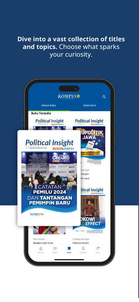 Kompas.id: Baca Berita Lengkap - Smartphone screen showing the Kompas.id eBook collection with political and social titles.