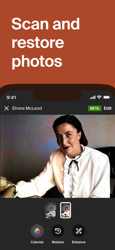 Ancestry: Family History & DNA - Ancestry app interface showing tools to scan colorize and restore old family photos