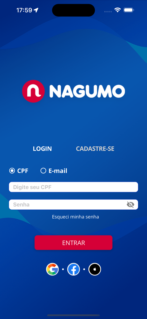 Meu Nagumo - Tela de login do app Meu Nagumo com opções de autenticação por CPF ou e-mail
