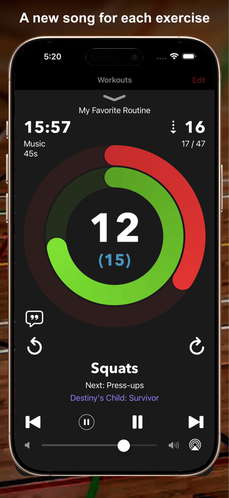 MC-Timer - MC-Timer app showing a countdown timer for squats with progress rings and music integration.