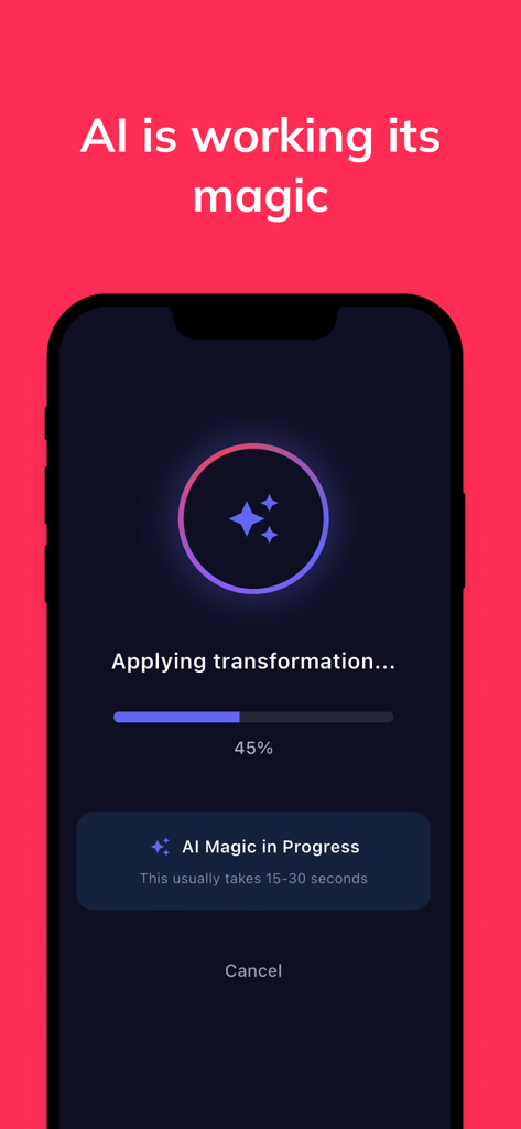 Fotoboom: AI Photo Transform - A mobile app screen for Fotoboom showing an AI photo transformation in progress with a 45% completion progress bar.