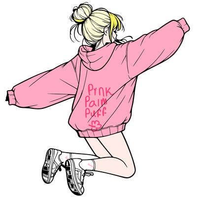 realistic girl jumping with a bun and oversized sweatshirt