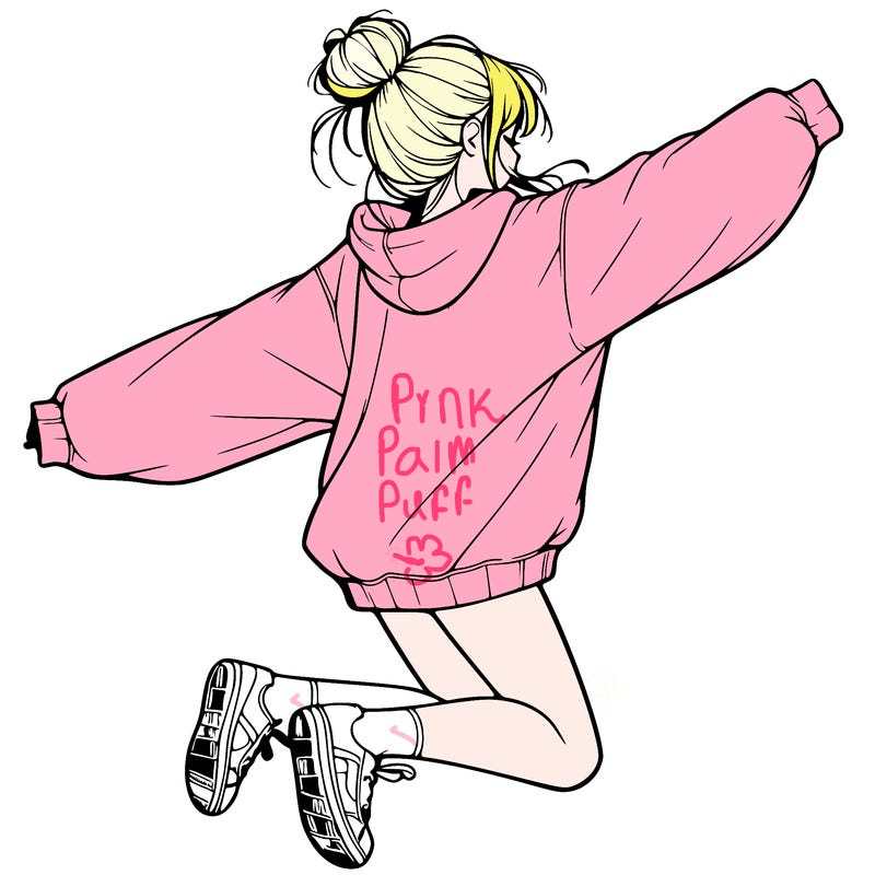 realistic girl jumping with a bun and oversized sweatshirt