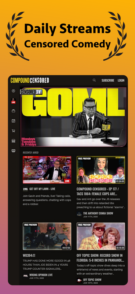 Mobile app interface of Censored.TV showing various daily comedy and political satire video streams.