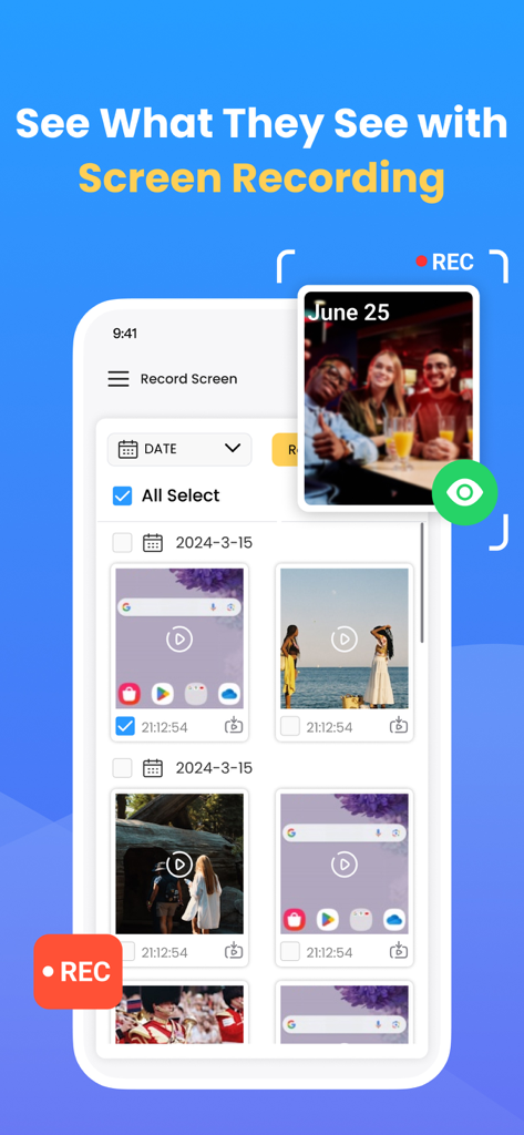 SpyX App-Oberfläche, die aufgezeichnete Bildschirmprotokolle und Fernüberwachungsfunktionen anzeigt.