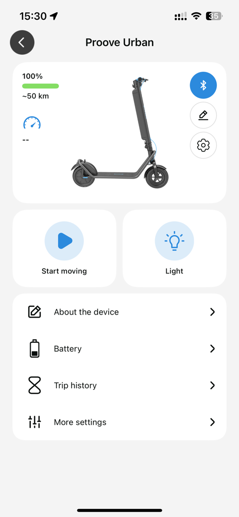 Proove - Mobile app interface for Proove Urban electric scooter showing battery status and ride controls