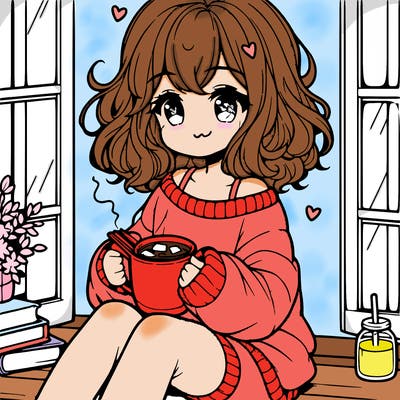 cute anime girl reading book and drinking hot chocolate from mug with loose wavy hair wearing a baggy sweatshirt and shorts sitting by windowsill looking out