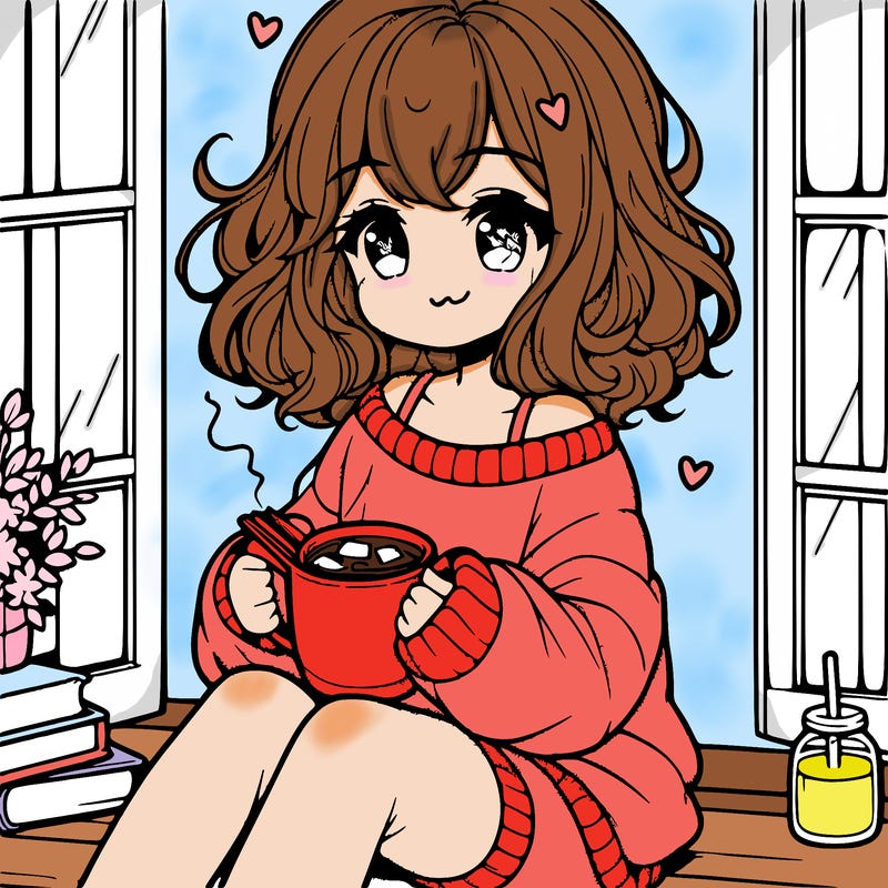 cute anime girl reading book and drinking hot chocolate from mug with loose wavy hair wearing a baggy sweatshirt and shorts sitting by windowsill looking out
