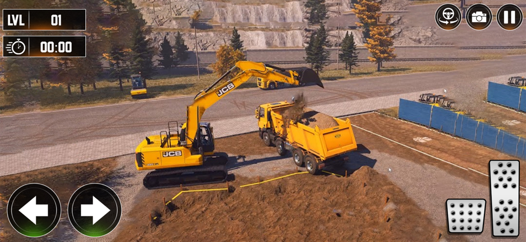 Road Construction Sim Games 3D - Yellow heavy excavator loading soil into a dump truck in a 3D road construction simulator game