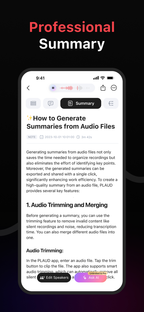 Interface of PLAUD Business app displaying an AI-generated meeting summary from recorded audio