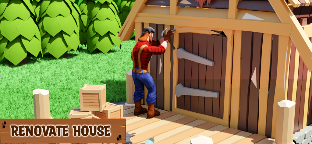 A 3D character in a plaid shirt hammering a nail into a wooden house in Carpenter Simulator.