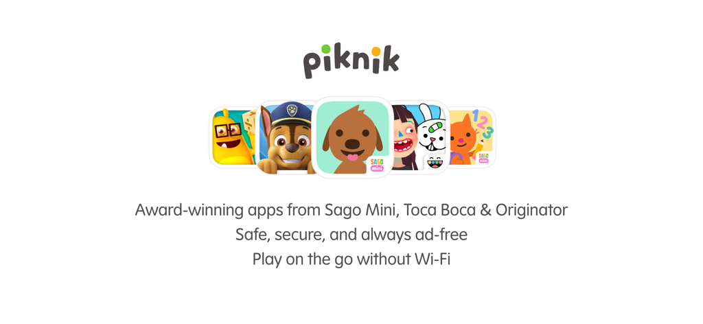 Logotipo de Piknik e íconos de aplicaciones de Sago Mini Toca Boca y Originator con juego seguro sin publicidad y sin conexión