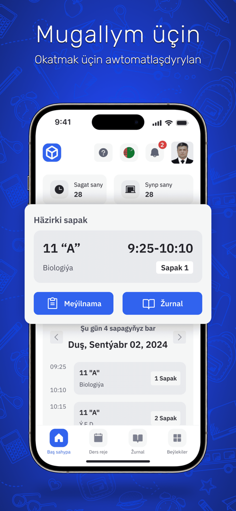 Das Lehrer-Dashboard der eMekdep-App zeigt den Stundenplan für den Biologieunterricht und Schaltflächen für das digitale Journal an.