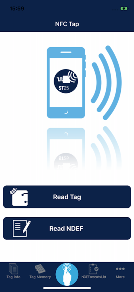 NFC Tap - The home screen of the NFC Tap mobile app by STMicroelectronics showing options to Read Tag and Read NDEF.