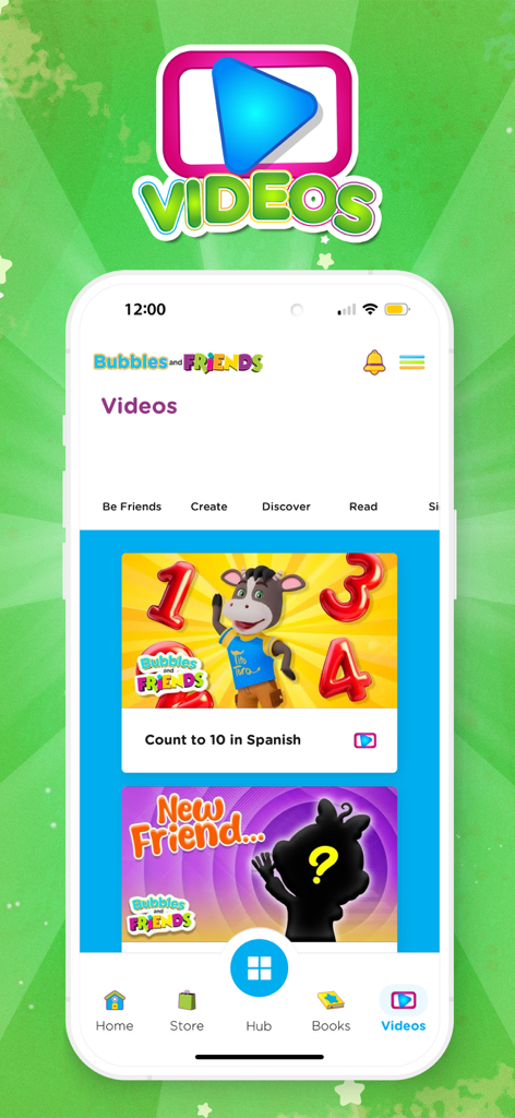 Bubbles & Friends - Interface of the Bubbles and Friends app showing a library of educational videos for children