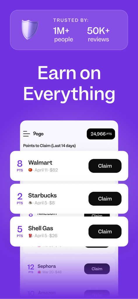 Interface of the Pogo app showing points earned from Walmart Starbucks and Shell Gas purchases.