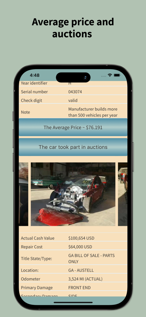 VIN-Decoder-App-Bildschirm zeigt Fahrzeugauktionsaufzeichnungen, durchschnittliche Preisdaten und Fotos von Autoschäden