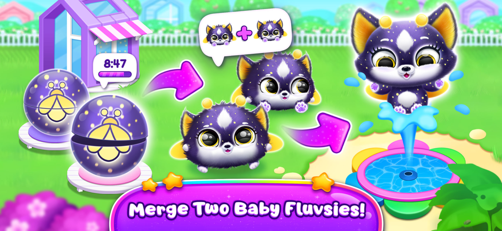 Fluvsies Merge Party - Pantalla de juego de Fluvsies Merge Party mostrando cómo unir dos mascotas bebés en una más grande.