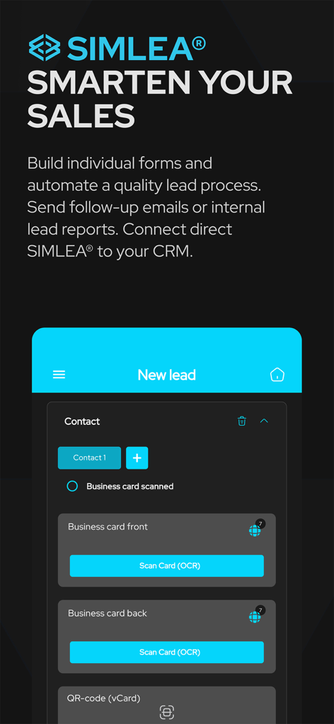SIMLEA+ - SIMLEA plus app interface showing business card scanning and lead retrieval features for sales teams