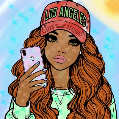 realistic beautiful girl wearing los ángeles cap holding an iphone