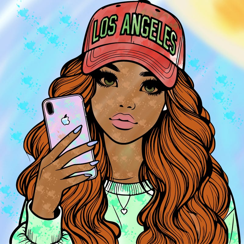 realistic beautiful girl wearing los ángeles cap holding an iphone