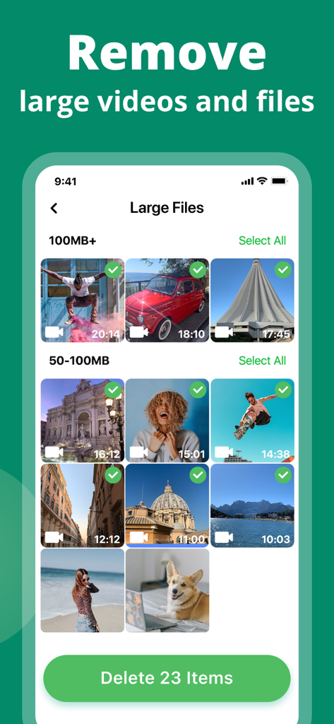 Phone CleanerㆍClean Up Storage - Una pantalla móvil que muestra la función de gestión de archivos grandes de la aplicación Phone Cleaner para liberar almacenamiento.