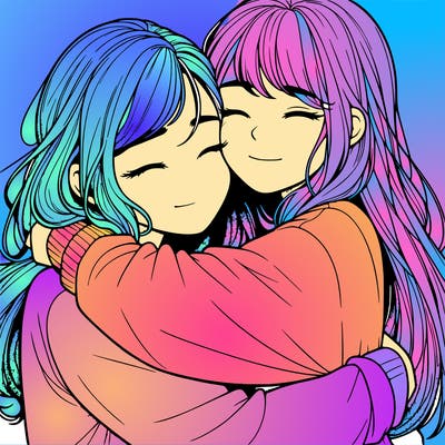 realistic two girls hugging