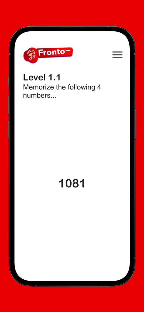 Aplicativo móvel Fronto mostrando um nível de treinamento cerebral onde o usuário deve memorizar o número 1081