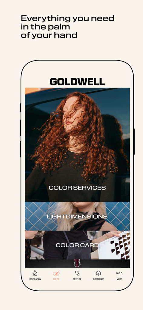 GOLDWELL EDUCATION PLUS - Goldwell Education Plus mobile app home screen showing color services and shade selection menu