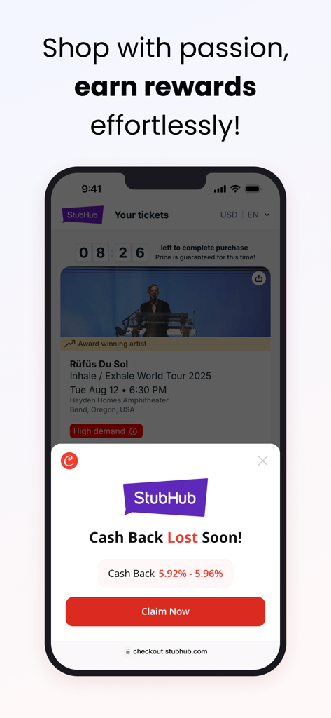 Application mobile Coupert montrant une notification de récompense de cashback lors d'un paiement StubHub