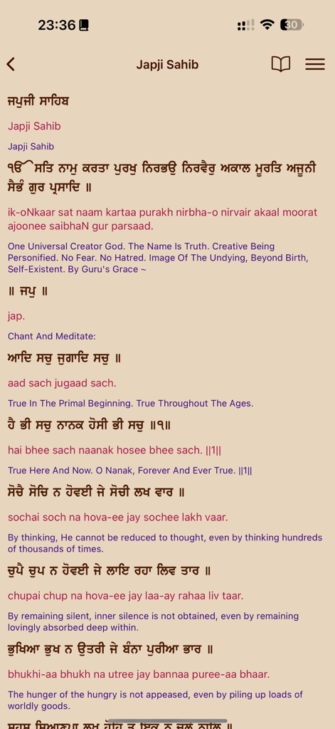 Interface do aplicativo MySikhi exibindo Japji Sahib com tradução e transliteração em inglês