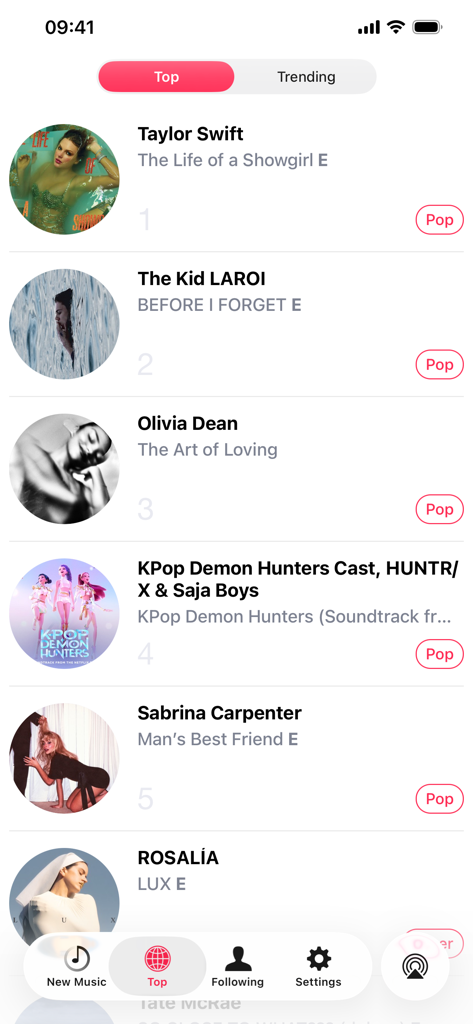 Musicasm: Best New Albums 2026 - A list of top pop albums and artists including Taylor Swift and Sabrina Carpenter on the Musicasm music discovery app.