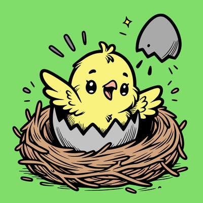 a baby chick hatching from an egg in a nest